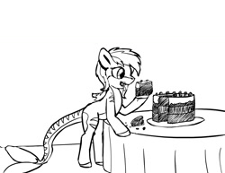 Size: 1280x989 | Tagged: safe, artist:warskunk, oc, oc only, oc:rainy skies, species:pony, bipedal, bipedal leaning, birthday gift, cake, eating, female, food, leaning, mare, monochrome, original species, shark pony, simple background, solo, table, white background