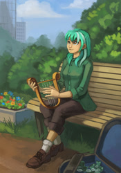 Size: 800x1140 | Tagged: safe, artist:asimos, artist:lexx2dot0, artist:maytee, character:lyra heartstrings, species:human, fanfic:anthropology, bench, city, cloud, fanfic, fanfic art, female, flower, humanized, looking up, lyre, money, musical instrument, park, sitting, smiling, solo