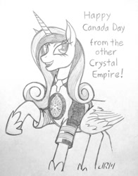Size: 720x919 | Tagged: safe, artist:texasuberalles, character:princess cadance, species:alicorn, species:pony, canada, canada day, female, grayscale, hockey jersey, hoof shoes, looking at you, mare, monochrome, pencil drawing, raised hoof, simple background, solo, traditional art, white background, winnipeg jets