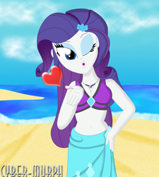 Size: 2576x2864 | Tagged: safe, artist:cyber-murph, character:rarity, g4, my little pony: equestria girls, my little pony:equestria girls, beach, belly button, bikini, blowing a kiss, breasts, cleavage, clothing, female, hand on hip, heart, jewelry, midriff, necklace, ocean, one eye closed, sarong, signature, solo, swimsuit, wink