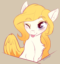 Size: 1024x1086 | Tagged: safe, artist:stepandy, oc, oc only, oc:arvensis, species:pegasus, species:pony, blushing, chest fluff, female, mare, one eye closed, solo, tongue out