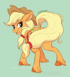 Size: 1024x1117 | Tagged: safe, artist:stepandy, character:applejack, species:earth pony, species:pony, dock, female, looking at you, looking back, looking back at you, mare, open mouth, simple background, unshorn fetlocks