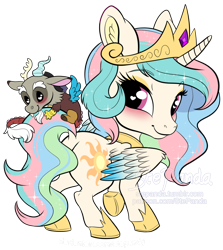 Size: 900x1007 | Tagged: safe, artist:stepandy, character:discord, character:princess celestia, species:alicorn, species:draconequus, species:pony, ship:dislestia, blushing, butt, chibi, chibilestia, clothing, cloven hooves, colored wings, colored wingtips, crown, cute, cutelestia, discute, dock, female, happy, heart eyes, hug, jewelry, looking back, male, mare, necklace, obtrusive watermark, one hoof raised, plot, regalia, shipping, shoes, signature, simple background, size difference, smiling, sparkly mane, spread wings, standing, straight, sunbutt, tail hug, transparent background, watermark, wingding eyes, wings