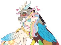 Size: 1024x753 | Tagged: safe, artist:stepandy, character:discord, character:princess celestia, species:alicorn, species:draconequus, species:pony, ship:dislestia, colored sketch, crown, female, hug, jewelry, male, mare, necklace, regalia, shipping, simple background, straight, transparent background