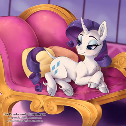 Size: 1024x1024 | Tagged: safe, artist:ginjallegra, artist:stepandy, character:rarity, species:classical unicorn, species:pony, species:unicorn, beautiful, chest fluff, cloven hooves, collaboration, curved horn, cute, fainting couch, female, leonine tail, lidded eyes, mare, raribetes, solo, unshorn fetlocks