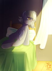 Size: 1332x1800 | Tagged: safe, artist:drawntildawn, character:limestone pie, species:earth pony, species:pony, bed, curtains, female, mare, one eye closed, sleeping, sunlight, waking up, window
