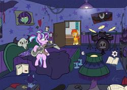 Size: 1280x905 | Tagged: safe, artist:cafecomponeis, character:starlight glimmer, character:sunburst, species:pony, species:unicorn, episode:the parent map, g4, bedroom, bits, book, boots, bracelet, colt sunburst, drums, easter egg, edgelight glimmer, emo, eyeball, female, filly, filly starlight glimmer, football, goth, guitar, headcanon, horns, implied oc, jewelry, kite, lampshade, pigtails, shoes, skateboard, skull, sports, starlight's room, subwoofer, teenage glimmer, teenager, younger