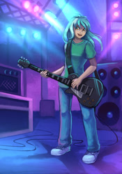 Size: 800x1140 | Tagged: safe, artist:asimos, artist:lexx2dot0, artist:maytee, character:lyra heartstrings, species:human, fanfic:anthropology, clothing, electric guitar, fanfic, fanfic art, female, guitar, humanized, open mouth, pants, shirt, smiling, solo, stage