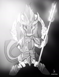 Size: 1268x1652 | Tagged: safe, artist:zidanemina, character:zecora, species:zebra, armor, black and white, chrysaor, cloth, crossover, female, fire, grayscale, monochrome, saint seiya, scale, sitting, solo, spear, weapon