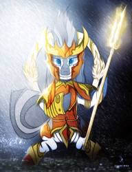 Size: 1268x1652 | Tagged: safe, artist:zidanemina, character:zecora, species:zebra, armor, cloth, crossover, female, fire, saint seiya, scale, sitting, solo, spear, weapon