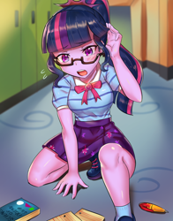 Size: 800x1018 | Tagged: safe, artist:tzc, character:twilight sparkle, character:twilight sparkle (scitwi), species:eqg human, species:human, g4, my little pony: equestria girls, my little pony:equestria girls, anime, blushing, book, bow tie, clothing, female, geode of telekinesis, glasses, legs, lockers, paper, pen, ponytail, shirt, shoes, skirt, socks, solo, upskirt denied