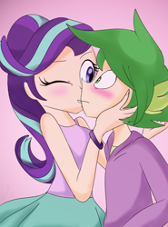 Size: 900x1214 | Tagged: safe, artist:emositecc, character:spike, character:starlight glimmer, species:human, ship:sparlight, clothing, humanized, kissing, male, pink background, shipping, simple background, size difference, smaller male, straight