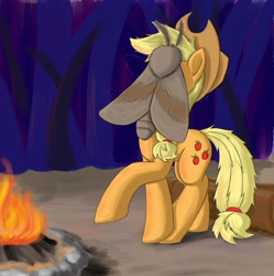 Size: 1902x1906 | Tagged: safe, artist:otakuap, character:applejack, oc, oc:fluffy the bringer of darkness, species:earth pony, species:pony, episode:sleepless in ponyville, g4, my little pony: friendship is magic, animal, applejack's hat, campfire, clothing, cowboy hat, facemoth, female, giant insect, giant moth, hat, insect, mare, messy mane, moth, raised hoof, solo, wat