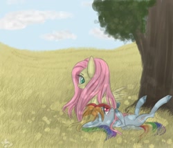 Size: 1400x1200 | Tagged: safe, artist:silbersternenlicht, character:fluttershy, character:rainbow dash, ship:flutterdash, blushing, female, grass, lesbian, looking back, on back, prone, shipping, tree