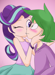 Size: 900x1214 | Tagged: safe, artist:emositecc, edit, character:spike, character:starlight glimmer, species:human, ship:sparlight, blushing, humanized, kissing, male, shipping, smiling, straight