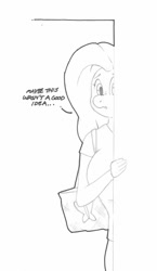 Size: 740x1280 | Tagged: safe, artist:zacharyisaacs, character:fluttershy, species:anthro, species:pegasus, species:pony, bag, breasts, busty fluttershy, clothing, comic, dialogue, female, flashback, mare, monochrome, simple background, solo, story included, tumblr comic, white background