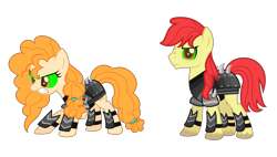 Size: 2254x1284 | Tagged: safe, artist:boringbases, artist:darbypop1, artist:osipush, artist:shootingstaryt, artist:yadimiku011, base used, character:bright mac, character:pear butter, species:earth pony, species:pony, alternate universe, angry, applejack's parents, armor, colored sclera, corrupted, evil, female, glowing eyes, green sclera, helmet, male, mind control, possessed, simple background, sombra eyes, sombra soldier, sombrafied, spikes, stallion, transparent background, unshorn fetlocks