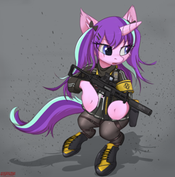 Size: 1830x1857 | Tagged: safe, artist:orang111, character:starlight glimmer, species:pony, species:unicorn, alternate hairstyle, armband, bipedal, boots, clothing, digital art, eotech, female, girl's frontline, gun, hair ribbon, heckler and koch, mare, pantyhose, pleated skirt, shadow, shoes, signature, skirt, solo, submachinegun, suppressor, ump, ump9, weapon