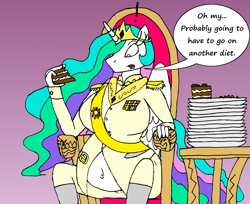 Size: 1280x1046 | Tagged: safe, artist:americananomaly, character:princess celestia, species:alicorn, species:anthro, species:pony, anthroquestria, belly button, cake, cakelestia, diet, exclamation point, fat, female, food, plates, solo, speech