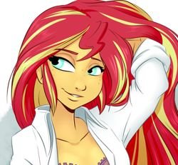 Size: 382x353 | Tagged: safe, artist:ponut_joe, edit, character:sunset shimmer, my little pony:equestria girls, adorasexy, cropped, cute, female, freckles, lidded eyes, sexy, shimmerbetes, smiling, solo