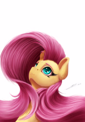 Size: 1745x2500 | Tagged: safe, artist:skitsroom, character:fluttershy, species:pegasus, species:pony, bust, detailed hair, detailed mane, female, huge mane, looking up, mare, portrait, simple background, smiling, solo, white background