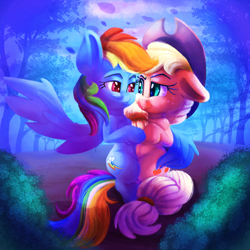 Size: 2000x2000 | Tagged: safe, artist:discorded, character:applejack, character:rainbow dash, species:earth pony, species:pegasus, species:pony, ship:appledash, bipedal, butt touch, clothing, cowboy hat, feathermarking, female, floppy ears, freckles, hat, lesbian, looking at each other, mare, never doubt tchernobog's involvement, requested art, shipping, smiling, stetson, tree