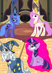 Size: 1000x1414 | Tagged: safe, artist:katya, character:princess celestia, character:princess luna, character:star swirl the bearded, character:twilight sparkle, character:twilight sparkle (alicorn), species:alicorn, species:pony
