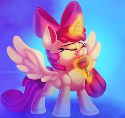 Size: 2000x1886 | Tagged: safe, artist:discorded, character:apple bloom, species:alicorn, species:pony, g4, abstract background, alicornified, apple, bloomicorn, bow, candy apple (food), eyebrows, eyes closed, female, filly, food, glowing horn, hair bow, licking, magic, magic aura, race swap, smiling, solo, spread wings, telekinesis, tongue out, wings