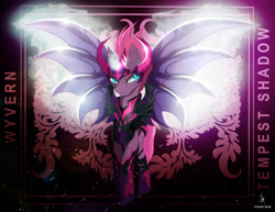 Size: 5169x4000 | Tagged: safe, artist:zidanemina, character:tempest shadow, species:alicorn, species:pony, absurd resolution, anime, armor, crossover, eye scar, female, mare, saint seiya, scar, smiling, solo, sparking horn, spread wings, surplice, surplice armor, wings, wyvern