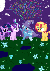 Size: 1000x1414 | Tagged: safe, artist:katya, character:starlight glimmer, character:sunset shimmer, character:trixie, character:twilight sparkle, species:pony, species:unicorn, cape, clothing, female, filly, filly starlight glimmer, filly sunset shimmer, filly trixie, filly twilight sparkle, hat, magical quartet, magical quintet, magical trio, trixie's cape, trixie's hat, young, younger