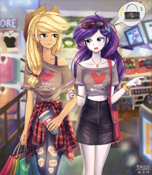 Size: 1300x1500 | Tagged: safe, artist:tcn1205, character:applejack, character:rarity, species:human, ship:rarijack, my little pony:equestria girls, bag, beverage, blushing, clothing, cute, female, freckles, humanized, jackabetes, jewelry, lesbian, midriff, necklace, pony coloring, pretty, purse, raribetes, shipping, shopping, shopping bags, short shirt, skirt, store, sunglasses, thought bubble, zipper