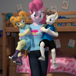 Size: 2000x2000 | Tagged: safe, artist:tahublade7, character:pinkie pie, character:pound cake, character:pumpkin cake, species:anthro, species:plantigrade anthro, 3d, blep, bunk bed, cake twins, clock, clothing, cute, daz studio, derp, donut, drawing, dress, female, filly, food, male, older, panties, pigtails, pink underwear, pinkie time, plushie, shirt, shoes, shorts, silly, skirt, sneakers, socks, t-shirt, tongue out, underwear, upskirt