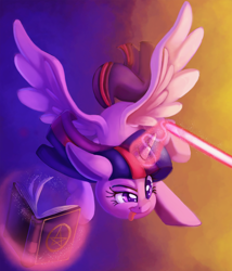 Size: 2000x2333 | Tagged: safe, artist:discorded, character:twilight sparkle, character:twilight sparkle (alicorn), species:alicorn, species:pony, book, female, glowing horn, laser, magic, mare, solo, telekinesis, tongue out