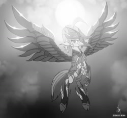 Size: 1518x1400 | Tagged: safe, artist:zidanemina, character:princess skystar, species:classical hippogriff, species:hippogriff, g4, my little pony: the movie (2017), armor, black and white, cloven hooves, crossover, gray, grayscale, helmet, monochrome, saint seiya, solo, sun