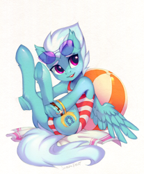Size: 1280x1545 | Tagged: safe, artist:share dast, character:fleetfoot, species:pegasus, species:pony, beach ball, beach towel, bracelet, clothing, commission, cutie mark, female, human shoulders, jewelry, looking up, mare, one-piece swimsuit, simple background, solo, sunglasses, swimsuit, white background, wings