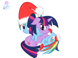 Size: 8000x6000 | Tagged: safe, artist:nightmaremoons, character:rainbow dash, character:twilight sparkle, ship:twidash, absurd resolution, alternate hairstyle, clothing, female, hat, hug, lesbian, santa hat, shipping, simple background, socks, transparent background, vector, winghug