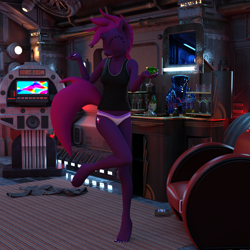 Size: 2000x2000 | Tagged: safe, artist:tahublade7, character:tempest shadow, species:anthro, species:plantigrade anthro, 3d, alcohol, alternate hairstyle, bar, barefoot, blue moon, bottle, clothing, couch, cute, dancing, dancing queen, daz studio, feet, female, frilly underwear, high res, jukebox, martini, messy hair, nail polish, no pants, panties, polka dot underwear, shirt, solo, tempestbetes, toenail polish, underwear, white underwear