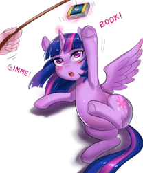 Size: 600x720 | Tagged: safe, artist:tzc, character:twilight sparkle, character:twilight sparkle (alicorn), species:alicorn, species:human, species:pony, adorkable, behaving like a cat, blushing, book, cat toy, cute, dialogue, dork, female, frog (hoof), glowing horn, looking up, magic, mare, that pony sure does love books, twiabetes, twilight cat, underhoof