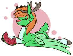 Size: 1024x795 | Tagged: safe, artist:ak4neh, oc, oc only, oc:windy whirls, species:bird, species:deer, species:peryton, species:pony, abstract background, eating, food, happy, hybrid, male, original species, simple background, solo, transparent background, watermelon, ych result