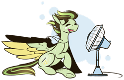 Size: 1024x658 | Tagged: safe, artist:ak4neh, oc, oc only, oc:akane, species:pegasus, species:pony, abstract background, electric fan, fan, female, mare, simple background, sitting, solo, spread wings, sweat, sweatdrops, transparent background, wings, ych result
