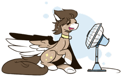 Size: 1024x650 | Tagged: safe, artist:ak4neh, oc, oc only, oc:ethereal space, species:pegasus, species:pony, abstract background, bell, bell collar, collar, electric fan, fan, female, mare, simple background, sitting, solo, spread wings, sweat, sweatdrops, transparent background, wings, ych result