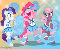 Size: 807x664 | Tagged: safe, artist:brianblackberry, character:cheerilee, character:pinkie pie, character:rarity, species:earth pony, species:pony, species:unicorn, 80s, 80s cheerilee, bipedal, bottomless, braces, cheeribetes, cheerileeder, cheerleader, cheerleader pinkie, clothing, cute, diapinkes, female, hilarious in hindsight, leg warmers, mare, partial nudity, pom pom, raribetes, skirt, teenager, young