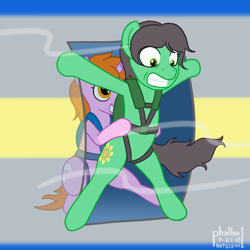 Size: 1000x1000 | Tagged: safe, artist:phallen1, oc, oc only, oc:maya northwind, oc:sadie michaels, newbie artist training grounds, aircraft, atg 2018, bipedal, clothing, holding, panic, parachute, ponified oc, see-through, wind