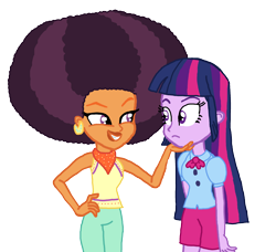 Size: 2648x2414 | Tagged: safe, artist:bigpurplemuppet99, artist:choraler, base used, character:saffron masala, character:twilight sparkle, my little pony:equestria girls, afro, equestria girls-ified, female, lesbian, lipstick, saffright, shipping, simple background, transparent background, twiffron