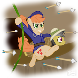 Size: 1000x1000 | Tagged: safe, artist:phallen1, character:applejack, character:daring do, oc, oc:colonel maplerum, species:earth pony, species:pegasus, species:pony, daringverse, newbie artist training grounds, alternate universe, arrow, atg 2018, carrying, grin, recolor, rope, simple background, smiling, swinging, tied up, transparent background