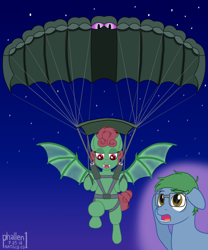 Size: 1500x1800 | Tagged: safe, artist:phallen1, oc, oc only, oc:software patch, oc:windcatcher, species:bat pony, newbie artist training grounds, adjusting glasses, atg 2018, bat ponified, bat wings, fangs, glasses, inset, landing, looking down, looking up, night, parachute, race swap, sky, skydiving, slack jaw, windpatch
