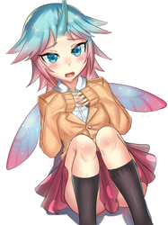 Size: 800x1067 | Tagged: safe, artist:tzc, character:ocellus, species:changeling, species:human, species:reformed changeling, season 8, anime, clothing, female, horned humanization, humanized, moe, open mouth, pleated skirt, schrödinger's pantsu, simple background, sitting, skirt, skirt lift, socks, solo, thighs, upskirt denied, white background, winged humanization, wings