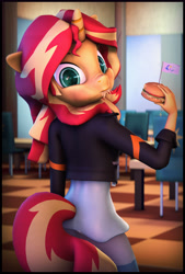 Size: 5400x7980 | Tagged: safe, artist:discorded, artist:imafutureguitarhero, character:sunset shimmer, species:anthro, species:plantigrade anthro, species:pony, species:unicorn, my little pony:equestria girls, 3d, absurd resolution, adaptation, blushing, border, burger, cafeteria, canterlot high, chair, chromatic aberration, clothing, cute, dress, eating, female, flag, floppy ears, food, freckles, hay, hay burger, horn, jacket, leather jacket, looking at you, looking back, mare, multicolored hair, nose wrinkle, recursive fanart, restaurant, shimmerbetes, signature, solo, source filmmaker, sunset wants her old digestive system back, tail, vertical