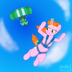 Size: 1500x1500 | Tagged: safe, artist:phallen1, oc, oc only, oc:maya northwind, oc:sadie michaels, species:earth pony, species:pony, species:unicorn, newbie artist training grounds, atg 2018, falling, magic, parachute, ponified oc, sky, skydiving, sweat