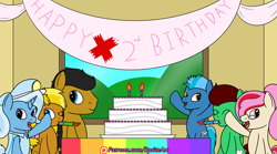 Size: 1800x1000 | Tagged: safe, artist:spritepony, character:trixie, oc, oc:dark pony, oc:ice walker, oc:kaitie, oc:northern haste, oc:understudy, birthday, birthday cake, birthday party, cake, commission, food, group photo, party, party horn, patreon, patreon link, patreon logo, sprite's ponyville house, ych result